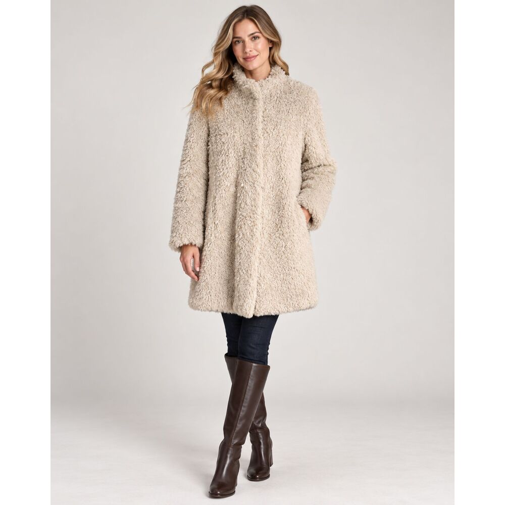 Kenneth Cole New York Cream Shaggy Faux Fur Coat Size L Leopard Lining